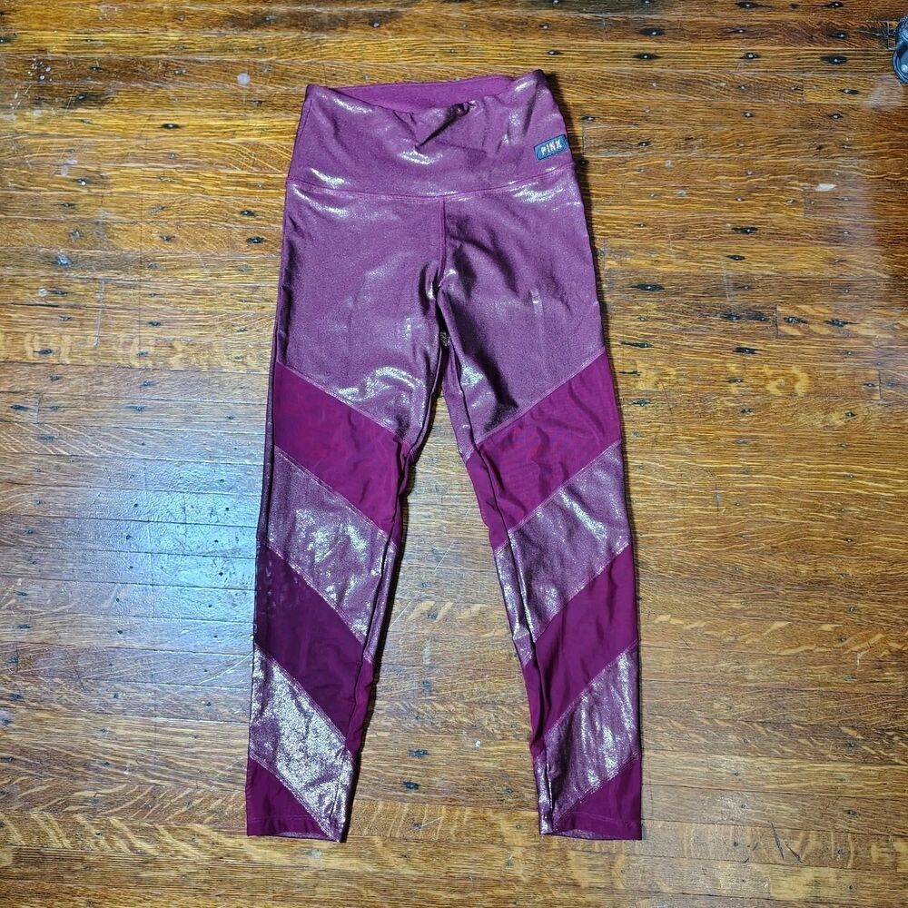 PINK Victoria’s Secret Ultimate Leggings Maroon Metallic Sparkly Mesh/T631
